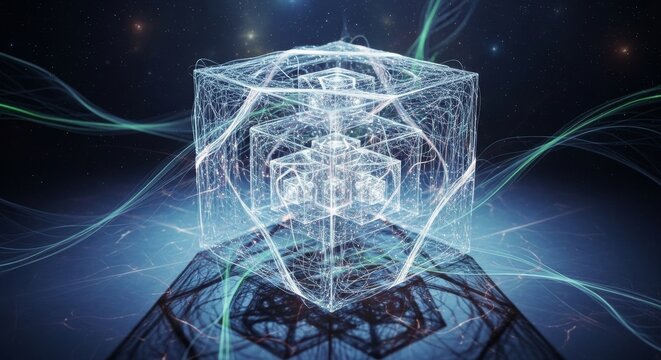 A transparent hypercube unfolds through intricate wireframe layers as a radiant multidimensional core pulses with flowing light trails in 3D animation simulating 5D geometry. Ideal as a looping sci-fi