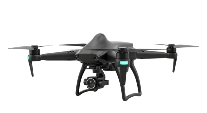 Black drone with green light transparent background cutout png