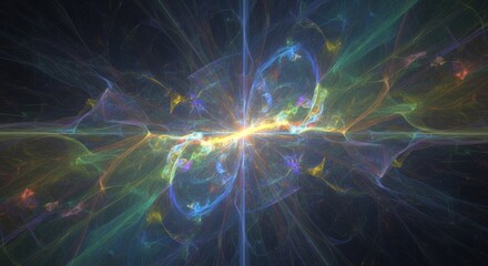 A radiant central core emits swirling energy waves and fractal patterns in a symmetrical formation against a dark cosmic backdrop in 3D animation. Ideal as a high-tech transition or looping VFX elemen