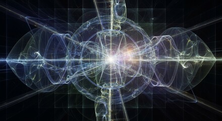 A radiant central core emits swirling energy waves and fractal patterns in a symmetrical formation against a dark cosmic backdrop in 3D animation. Ideal as a high-tech transition or looping VFX elemen