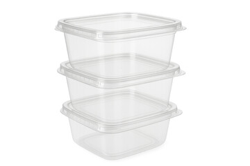 Obraz premium Stack of clear empty plastic food containers with lids, storage boxes for meal prep and kitchen organization