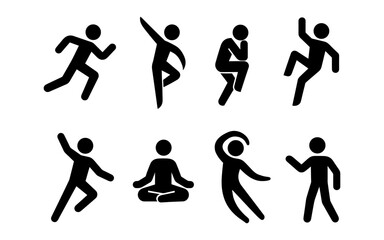 Silhouette icons of dynamic stick figures in various poses