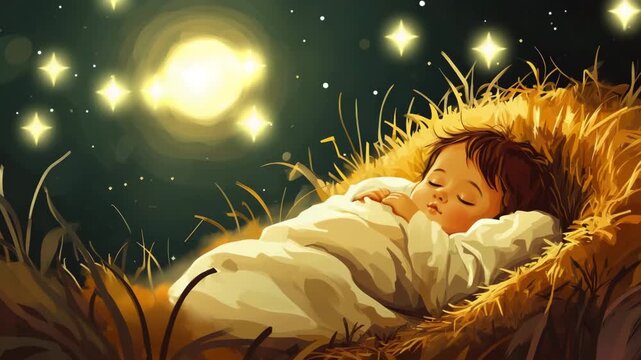 cute peaceful sleeping baby jesus in manger ilustrated animation
