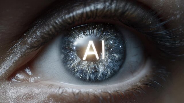closeup human eye reflecting ai, galaxy-like data patterns ripple across iris, luminous HUD letterforms float on pupil, tiny sparks of light scatter
