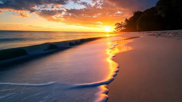 Beautiful sunset over a tranquil beach with gentle waves lapping at the shore during golden hour at a serene coastal location