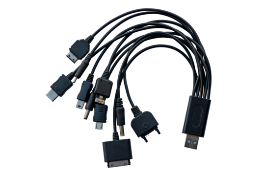 Multi-connector USB charging cable with Type-A, Type-C, micro and mini USB