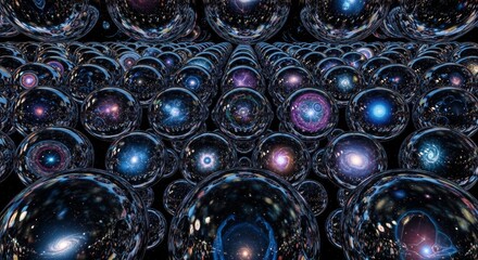 Countless parallel universes with fantastical realms and cybernetic cities exist inside transparent spheres connected in an endless grid pattern. This looping 3D animation visualizes the multiverse co
