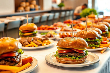 Sausages on the table. Hamburger buffet