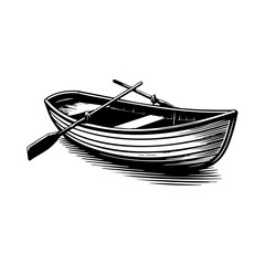 Wooden rowboat with paddles representing water transport, outdoor recreation, and peaceful lake activities. © TP71