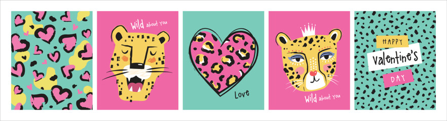 Set of birthday greeting cards with leopards, cake and leopard's pattern texture.

