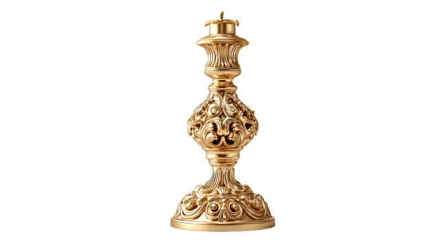 Ornate gold candlestick with intricate detailing showing elegant vintage metal craftsmanship and classic decor on white background