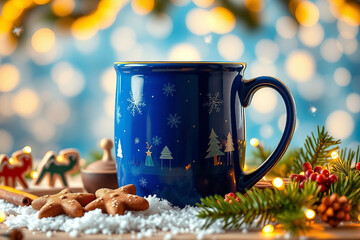 Festive blue mug. Christmas holiday composition. Christmas advertising photo