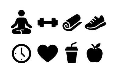 Health and fitness silhouette icons: yoga, exercise, and wellness essentials