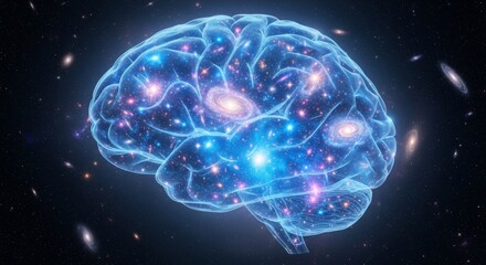 A translucent wireframe Boltzmann brain with glowing neural connections emerges from quantum fluctuations above a starry nebula in 3D animation. Ideal for cosmology, philosophy of mind, or sci-fi loop