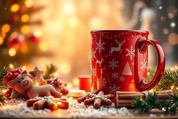 Festive red mug. Christmas holiday composition