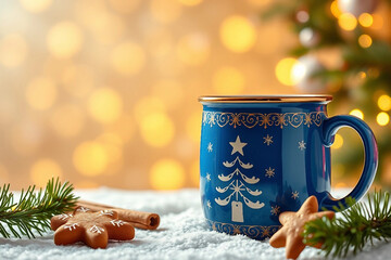 Christmas blue mug. Christmas festive composition with mug on bokeh background