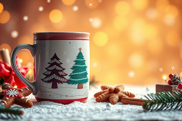 Festive mug. Christmas festive composition. Christmas advertising photo