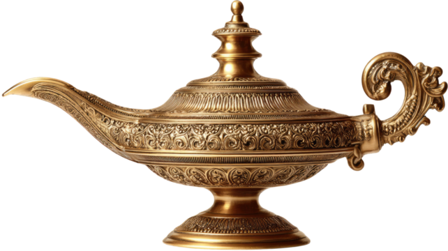 Ornate brass oil lamp with intricate detailing showing traditional vintage craftsmanship and cultural decor on white background