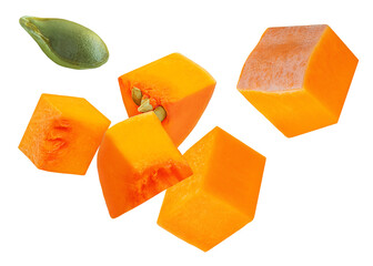  Levitating pumpkin pieces isolated on white background. High Quality  Flying Broken pumpkin  chunks with seeds. Pumpkin explosion. Top view. Flat lay.