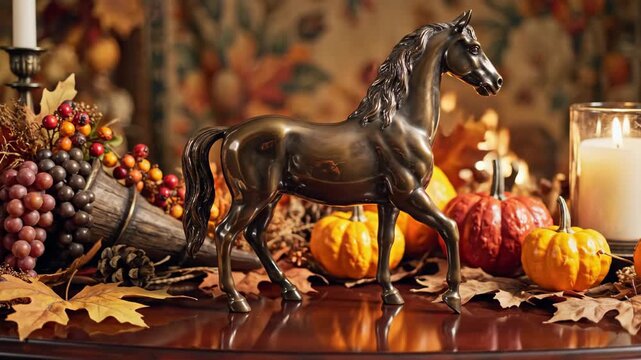 Thanksgiving Table Decor with Horse Figurine, Pumpkins, and Autumn Leaves.