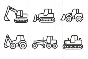 Collection of simple construction vehicle icons in a white background