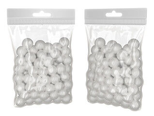 Clear plastic pouch mockup with candies and hang slot isolated on white. 3d illustration set