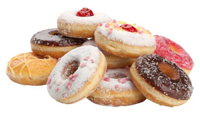 Towering delights — a pile of tempting doughnuts cut out on PNG. AI GENERATED.