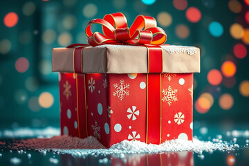 Nostalgic Christmas gift box with retro patterns. A vibrant New Year's card