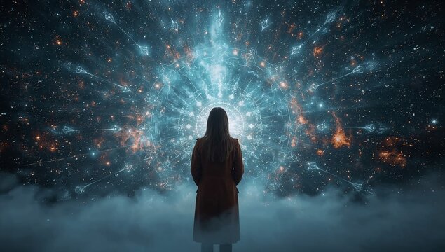 Woman before a spiritual portal connecting to the divine