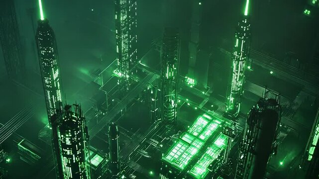 Futuristic cyberpunk city with green glowing lights