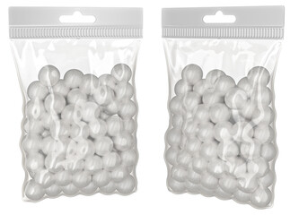 Clear plastic pouch mockup with candies and hang slot. 3d illustration set transparent background