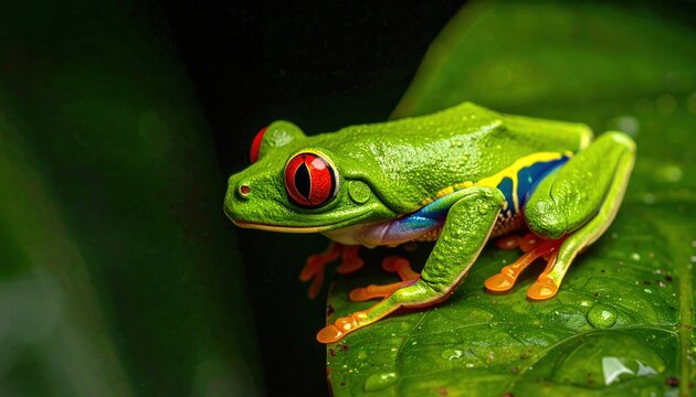 Red-eyed tree frog sitting on a green leaf in the rainforest