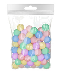 Clear plastic pouch mockup with colorful candies and hang slot. 3d illustration isolated on white