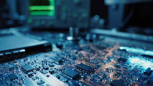 Exploring the Intricate Details of a Circuit Board in a Laboratory Setting, Highlighting Electronic Components and Diagnostic Equipment