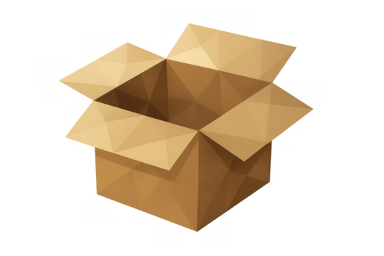 Empty open cardboard box in a low poly vector style. Representing shipping, delivery, packaging, and unpacking concepts