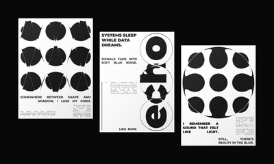 Set of Abstract posters featuring liquid glass distortion and smooth refraction effects. A futuristic composition blending typography, reflection, and optical illusion