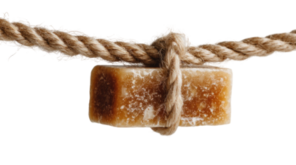 Organic soap bar suspended by natural twine highlighting eco friendly skincare concept and handmade purity on white background