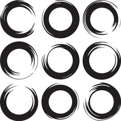 Nine black ink brush stroke circles on a white vector