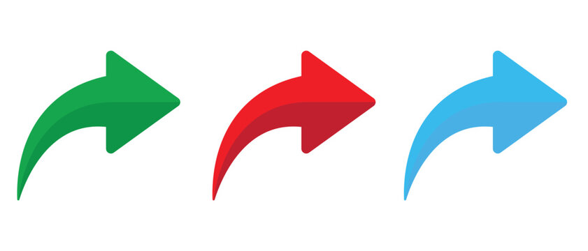 Curved arrows icon set. 3 Arrows right direction sign. Red, green and blue arrows pointing right. Curved Right Arrow Multi colour Set. Vector illustration. 