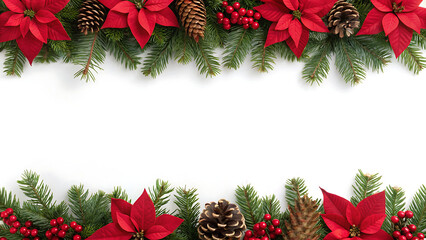 Festive christmas garland border with red poinsettias pine cones and evergreen branches on white background