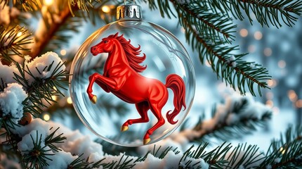 Red Horse Christmas Ornament on Snowy Pine Tree Festive Winter Holiday Decoration_7