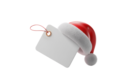 A festive red and white santa claus hat rests on a blank white gift tag with a thin red string isolated on transparent background
