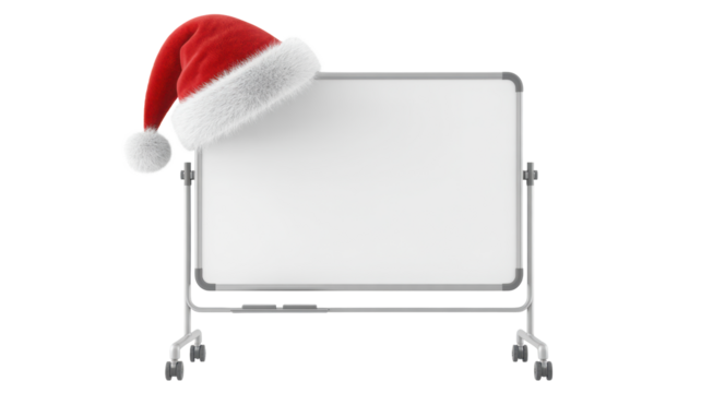 A white blank whiteboard on a metal stand wearing a santa hat for christmas holiday presentations and messages isolated on transparent background