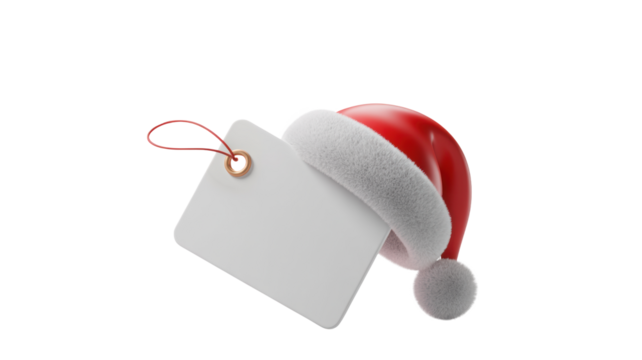 A festive red and white santa claus hat rests on a blank white gift tag with a thin red string isolated on transparent background