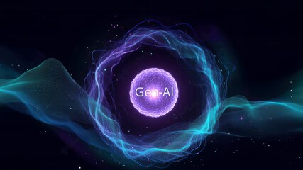 Glowing neural brain with swirling data, floating within ambient violet space, animated particles trace connectivity, pulsing waves suggest generative AI
