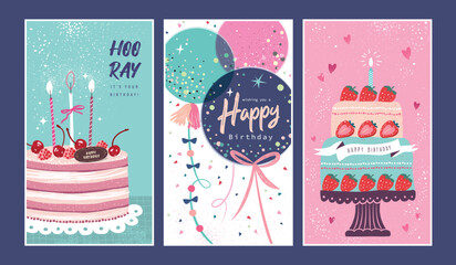 Set of lovely birthday cards design with cakes, balloons and typography design.   © LittleWhale
