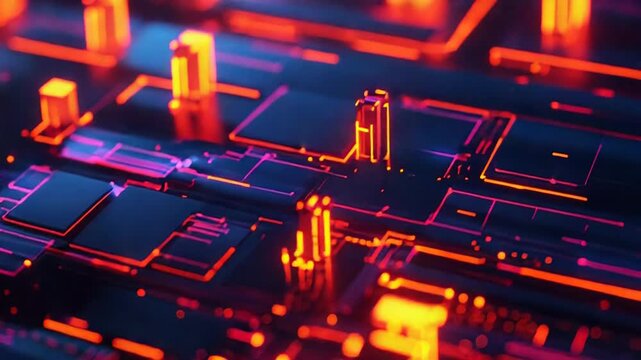 Futuristic microchip processing data with glowing neon circuits