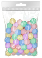 Clear plastic pouch mockup with colorful candies and hang slot. 3d illustration transparent background