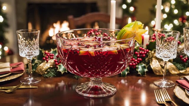 Festive Holiday Punch Bowl with Cranberries and Star Fruit on a Decorated Table.