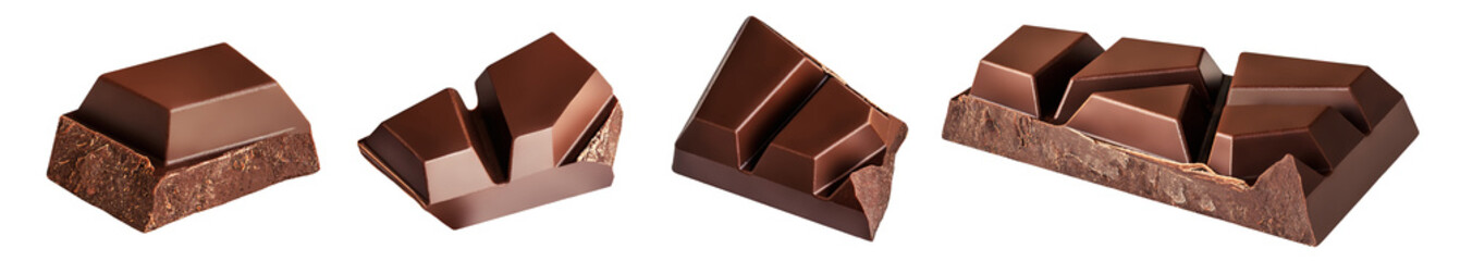 Dark chocolate chunks isolated on white background. Collection. High Quality Broken Chocolate pieces
